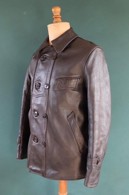 Vintage 1950s 50s 1960s 60s leather jacket French black Le Corbusier double breasted 41” chest