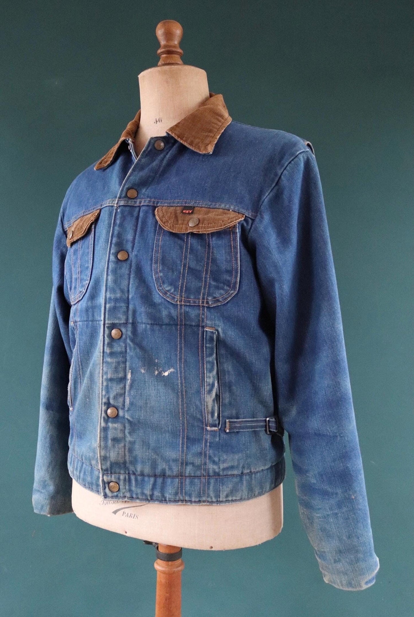 Vintage 1970s 70s 1980s 80s Key Imperial denim quilted lined trucker work jacket 46" chest corduroy collar workwear chore waist cinch