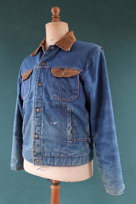 Vintage 1970s 70s 1980s 80s Key Imperial denim quilted lined trucker work jacket 46" chest corduroy collar workwear chore waist cinch