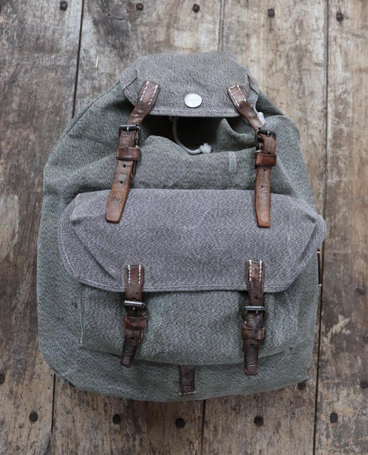 Vintage 1950s 50s Swiss army military salt pepper rucksack backpack leather cotton canvas hiking camping gear