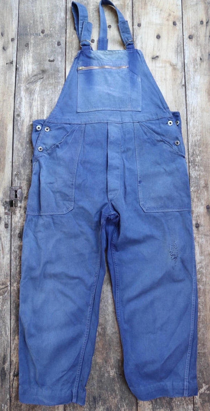 Vintage French workwear overalls dungarees Le Mont St Michel 1950s sun faded blue cotton twill work chore 41” x 26” darned repaired
