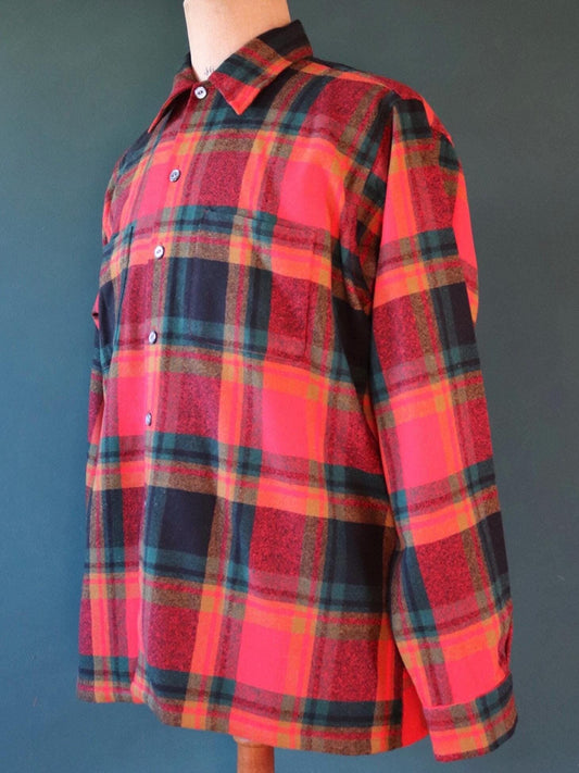 Vintage 1960s 60s 1970s 70s Puritan plaid checked red green field camp shirt hiking camping wool 48” chest logger workwear