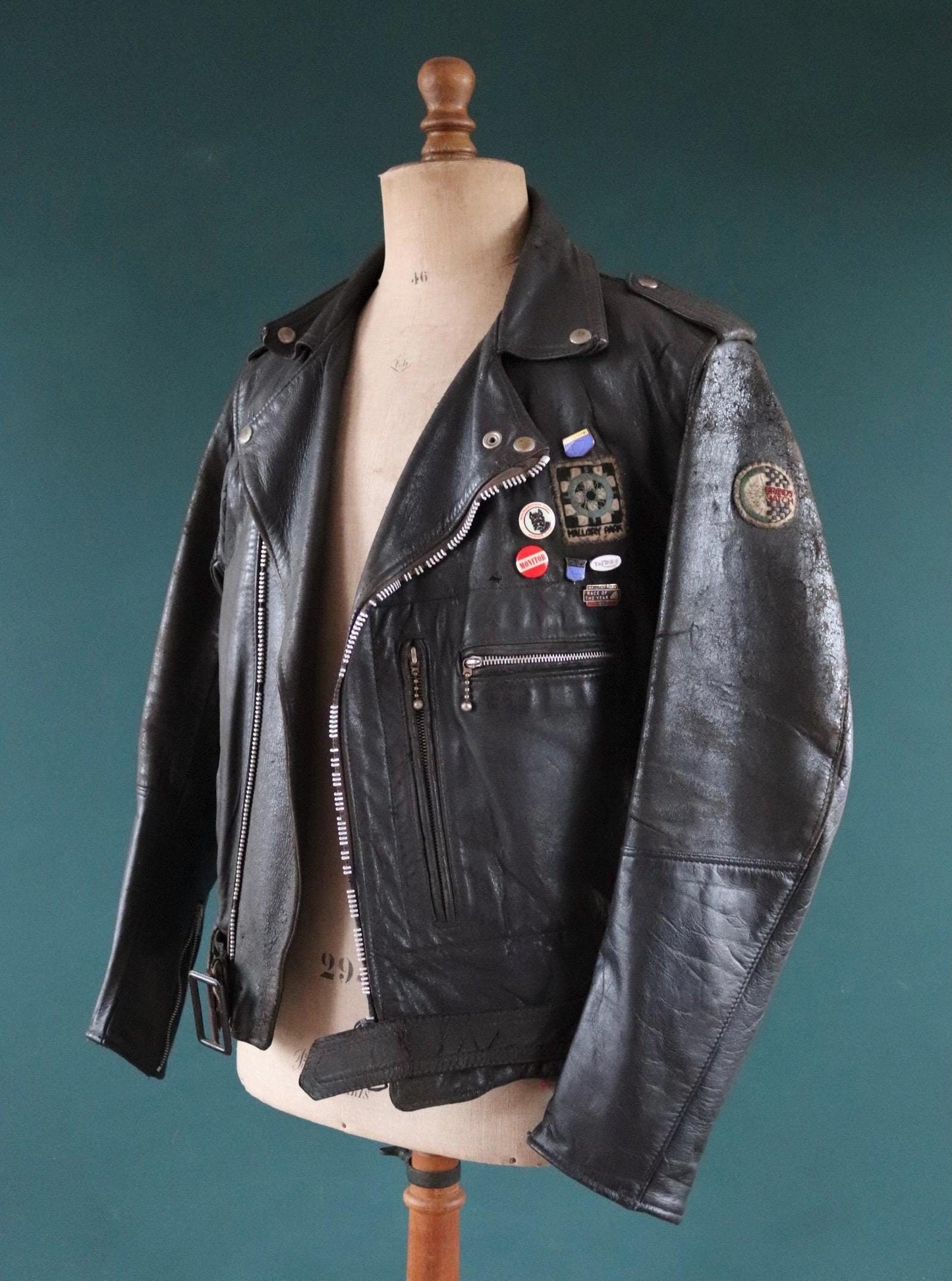 Vintage 1960s 60s black leather jacket Aviakit Lewis Leathers biker motorcycle 45” chest ball chain Lightning zipper patches BSA