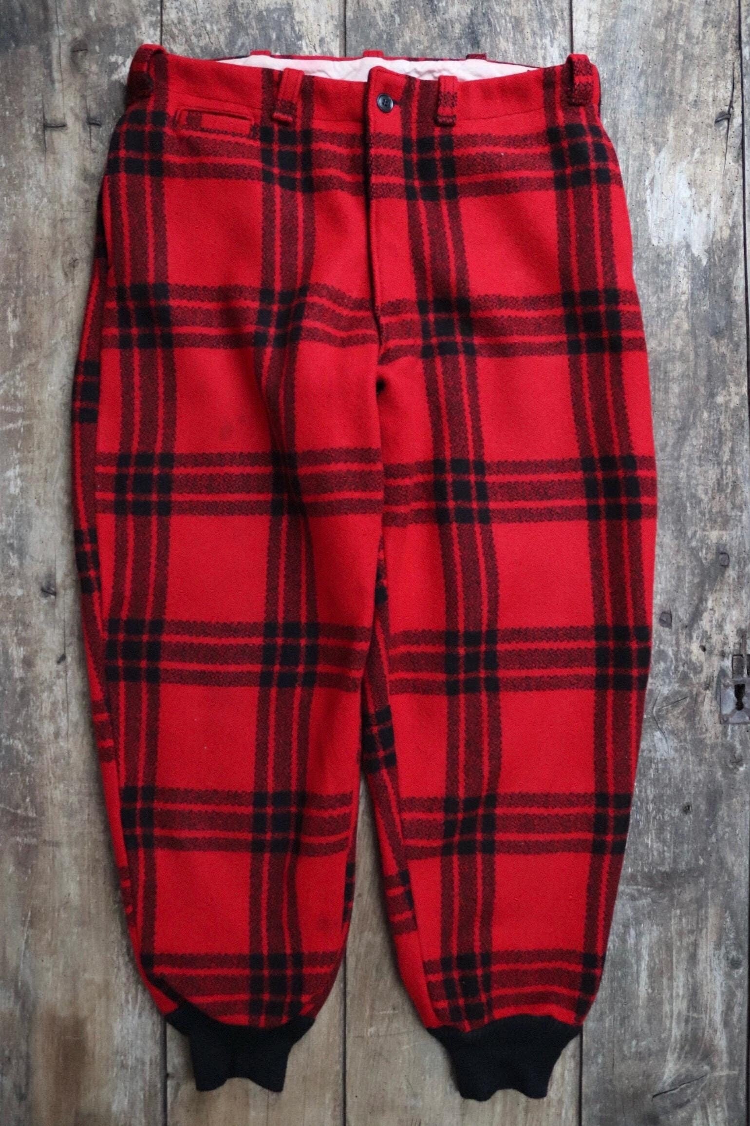 Vintage 1960s 60s JC Higgins Sears red black checked plaid wool hunting trousers breeches suspender buttons 38" x 30"