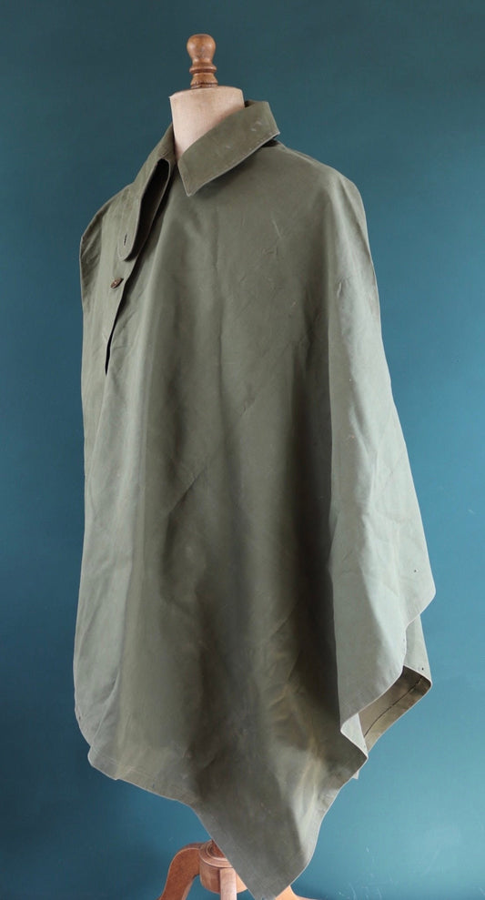 Vintage 1950s British army gas cape - waterproof poncho - rubberised cotton - khaki green - rainproof walking - size free