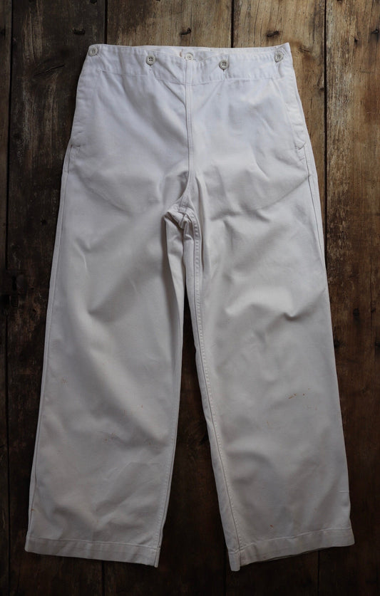 Vintage French white cotton trousers pants 1950s 1960s fall front wide leg Marine Nationale navy naval 31” x 28” riviera beach