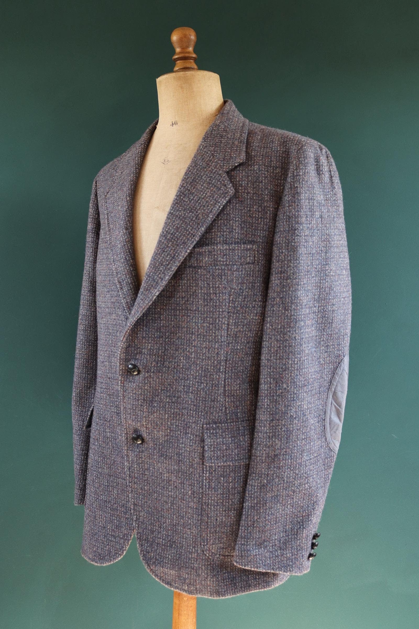 Vintage 1980s 80s 1990s 90s Pendleton grey blue wool tweed sports suit Western blazer jacket 44" chest elbow patches half belt action back
