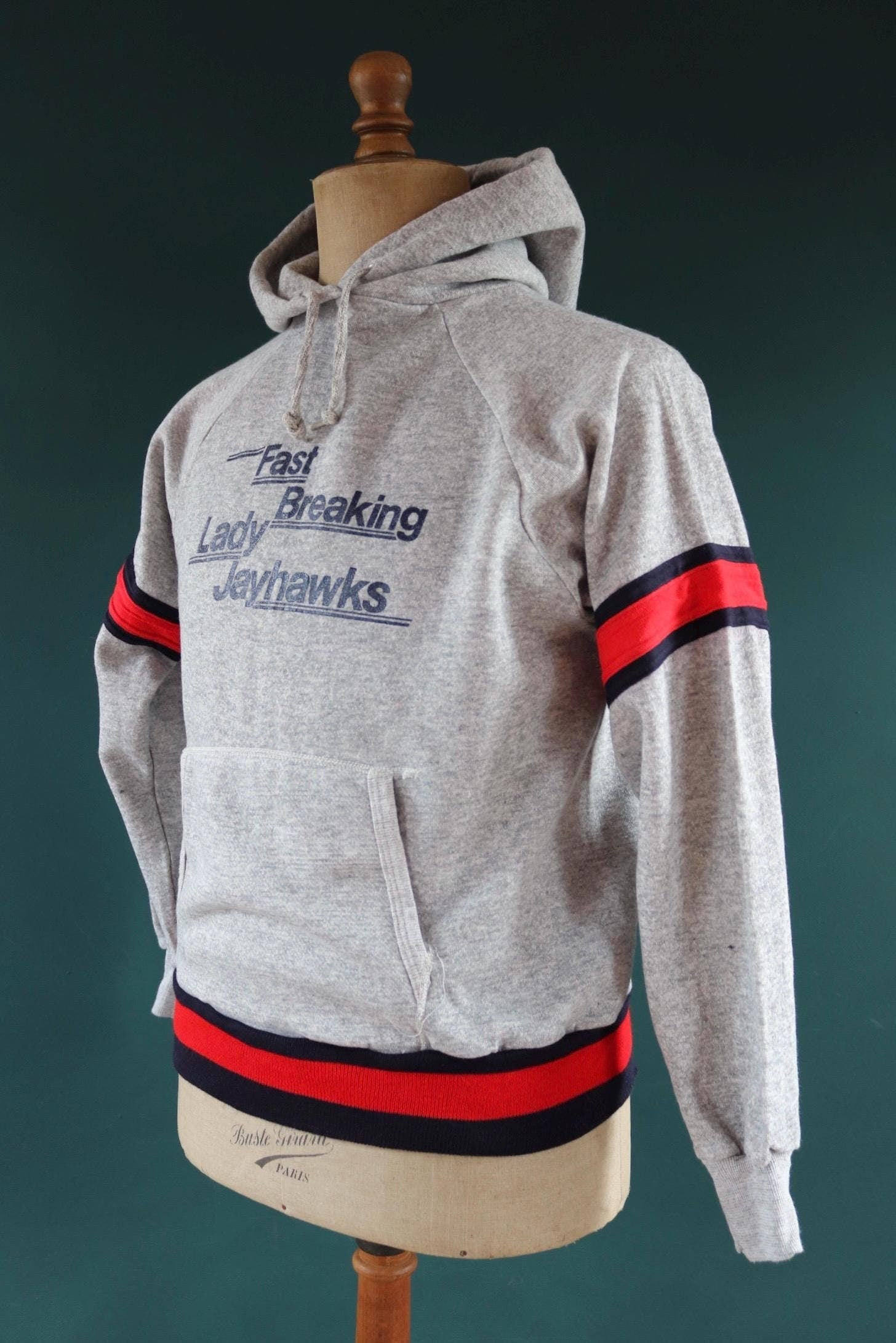 Vintage 1980s 80s Champion grey marl Kansas Fast Breaking Lady Jayhawks basketball hooded hoodie sweatshirt 42" chest sportswear flock
