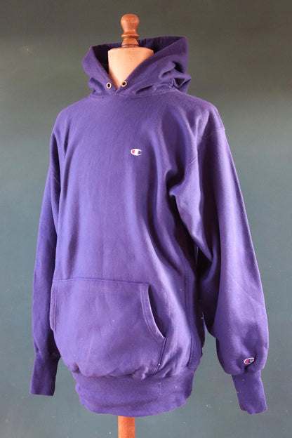 Vintage 1990s 90s Champion navy blue plain hooded sweatshirt 51" chest sports sportswear reverse weave hoodie