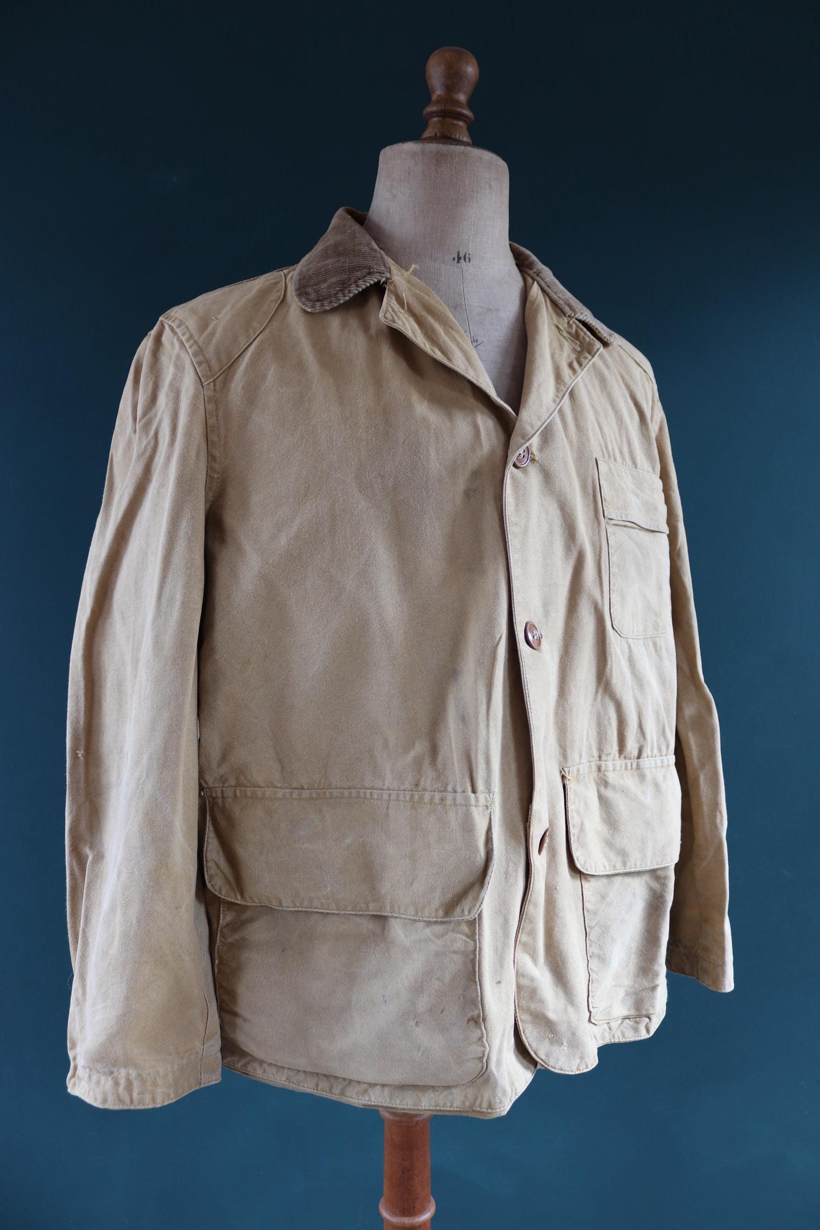 Vintage 1950s 1960s hunting jacket American Field Hettrick tan brown duck cotton canvas shooting American 49” chest workwear chore