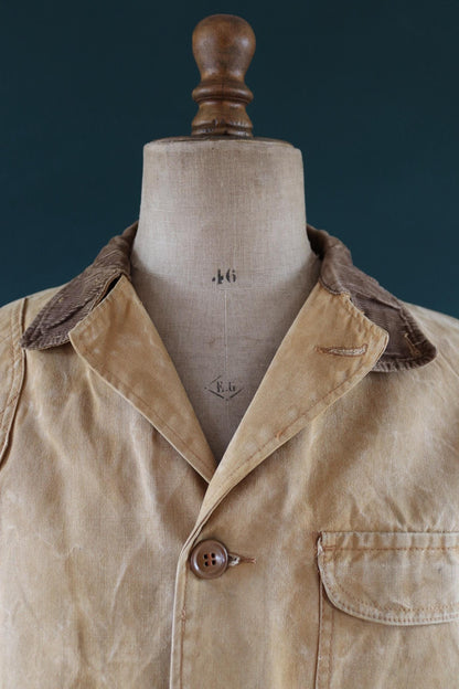 Vintage 1980s hunting jacket Hawthorne tan brown duck cotton canvas shooting American 48” chest workwear chore