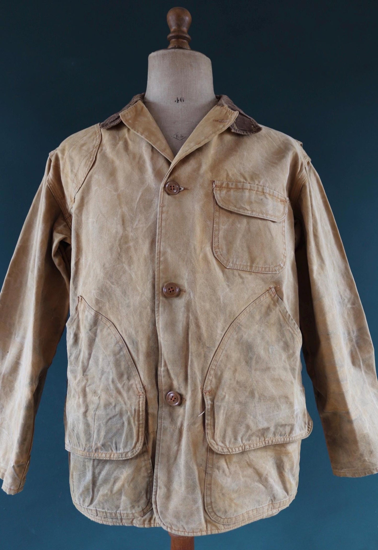 Vintage 1980s hunting jacket Hawthorne tan brown duck cotton canvas shooting American 48” chest workwear chore