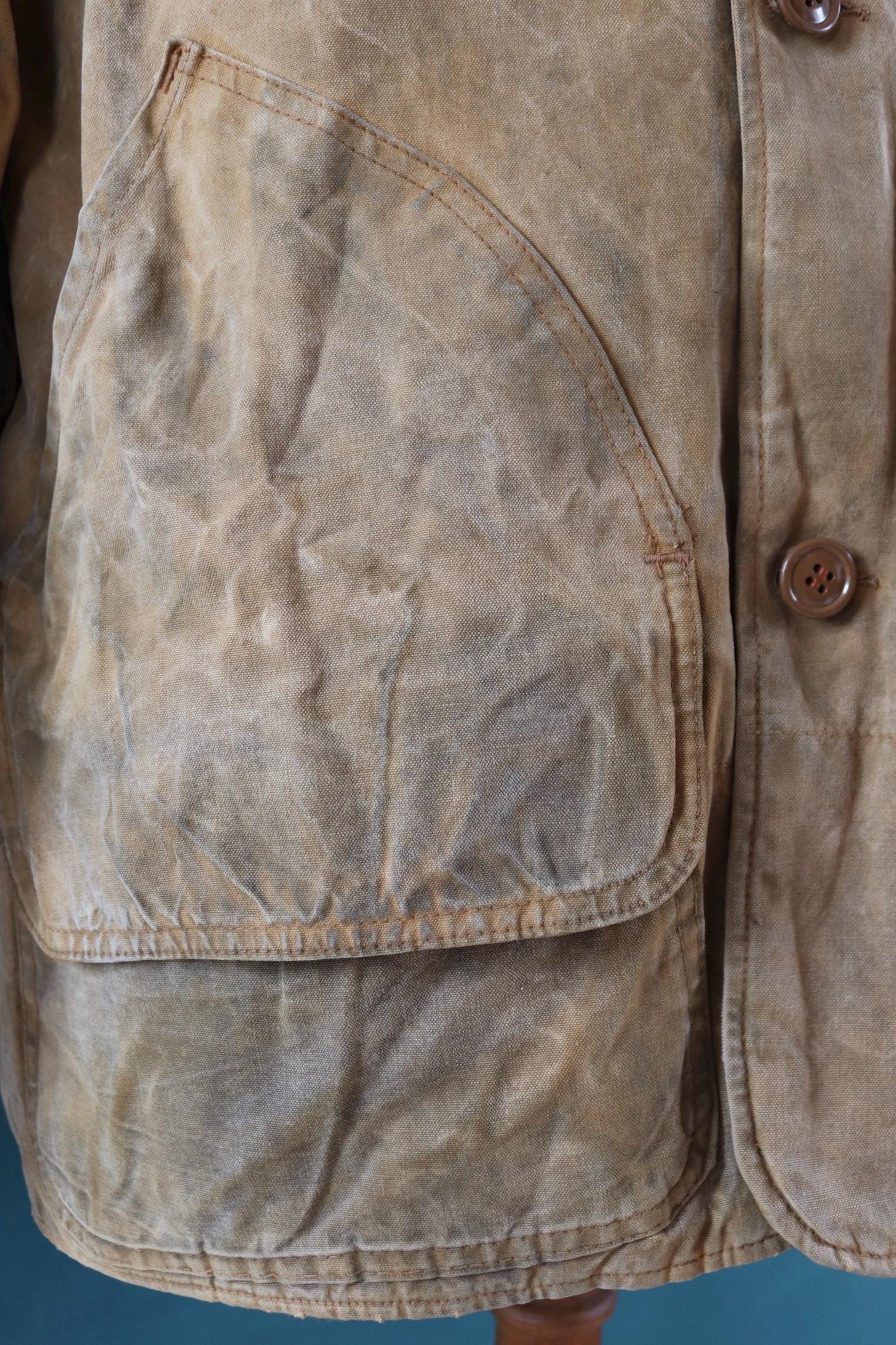 Vintage 1980s hunting jacket Hawthorne tan brown duck cotton canvas shooting American 48” chest workwear chore