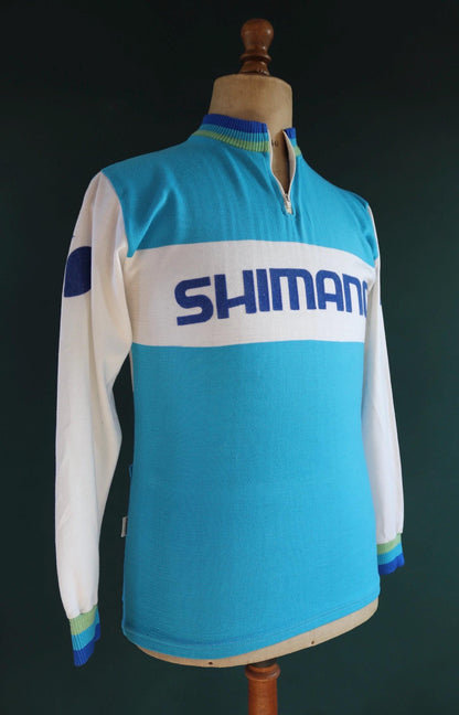 Vintage 1970s cycling jersey shirt top race Shimano blue 37" chest made in England quarter zip mod Tour de France