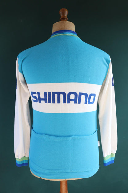 Vintage 1970s cycling jersey shirt top race Shimano blue 37" chest made in England quarter zip mod Tour de France