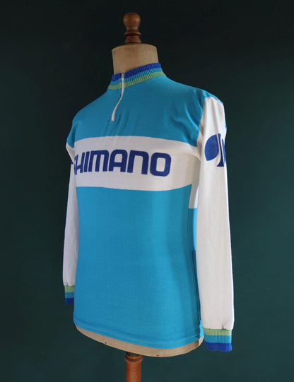 Vintage 1970s cycling jersey shirt top race Shimano blue 37" chest made in England quarter zip mod Tour de France