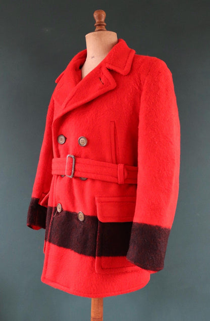 Vintage 1940s 40s 1950s 50s Hudsons Bay red black stripe wool winter mackinaw coat jacket belted double breasted Canada 48" 4 point blanket