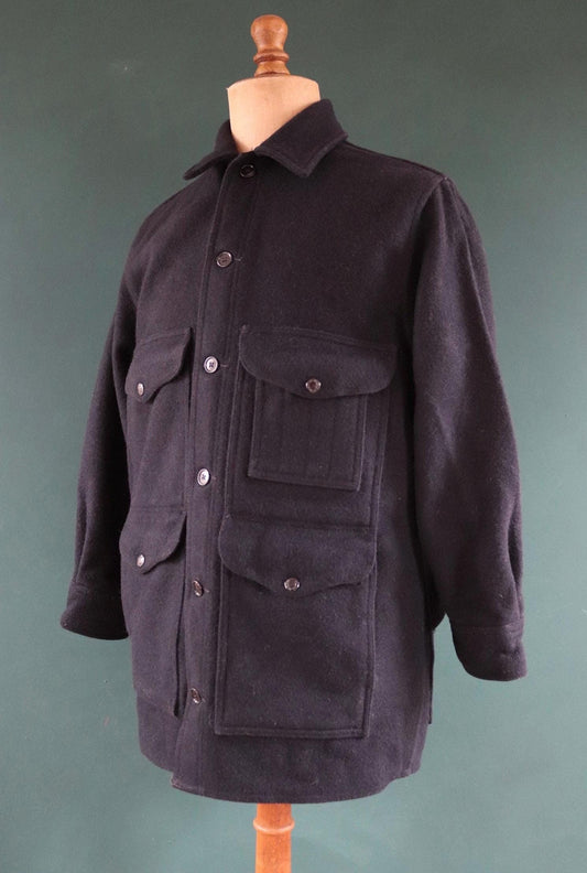 Vintage 1970s 70s CC Filson plain navy blue wool cruiser shirt jacket CPO 47” chest workwear work chore logger camp hunting