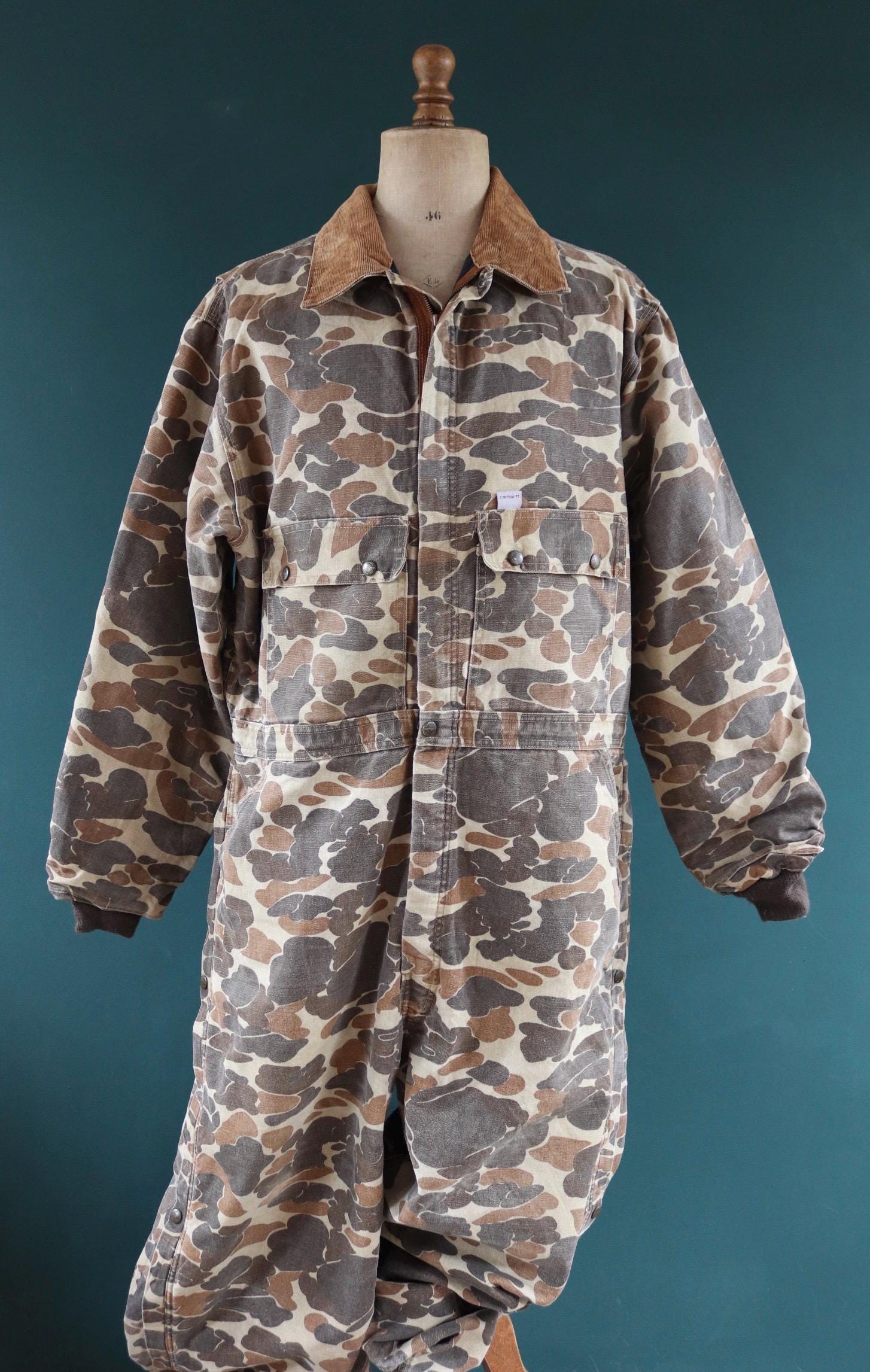 Vintage 1980s Carhartt coveralls - workwear overalls - woodland camo duck cotton - Union Made denim - 54" x 46" x 30