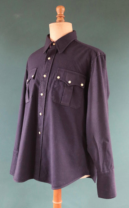 Vintage 1960s 60s Duke’s of Houston Texas plain navy blue wool gabardine Western cowboy shirt 50" chest rockabilly country