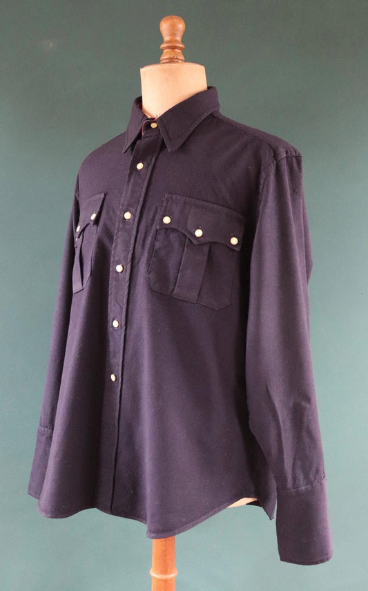 Vintage 1960s 60s Duke’s of Houston Texas plain navy blue wool gabardine Western cowboy shirt 50" chest rockabilly country