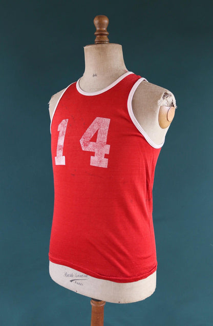 Vintage 1960s 60s vest singlet red white nylon durene 14 athletics sportswear basketball 37" chest