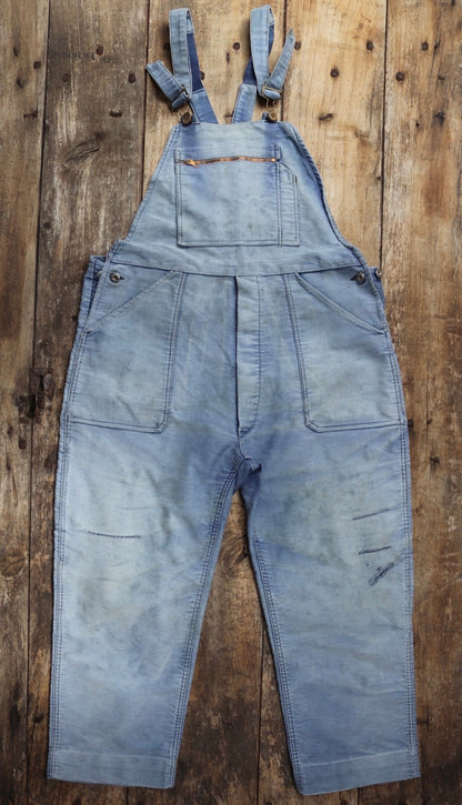 Vintage 1960s 1970s French dungarees blue moleskin overalls work chore workwear patched faded darned 40” 42” x 24”