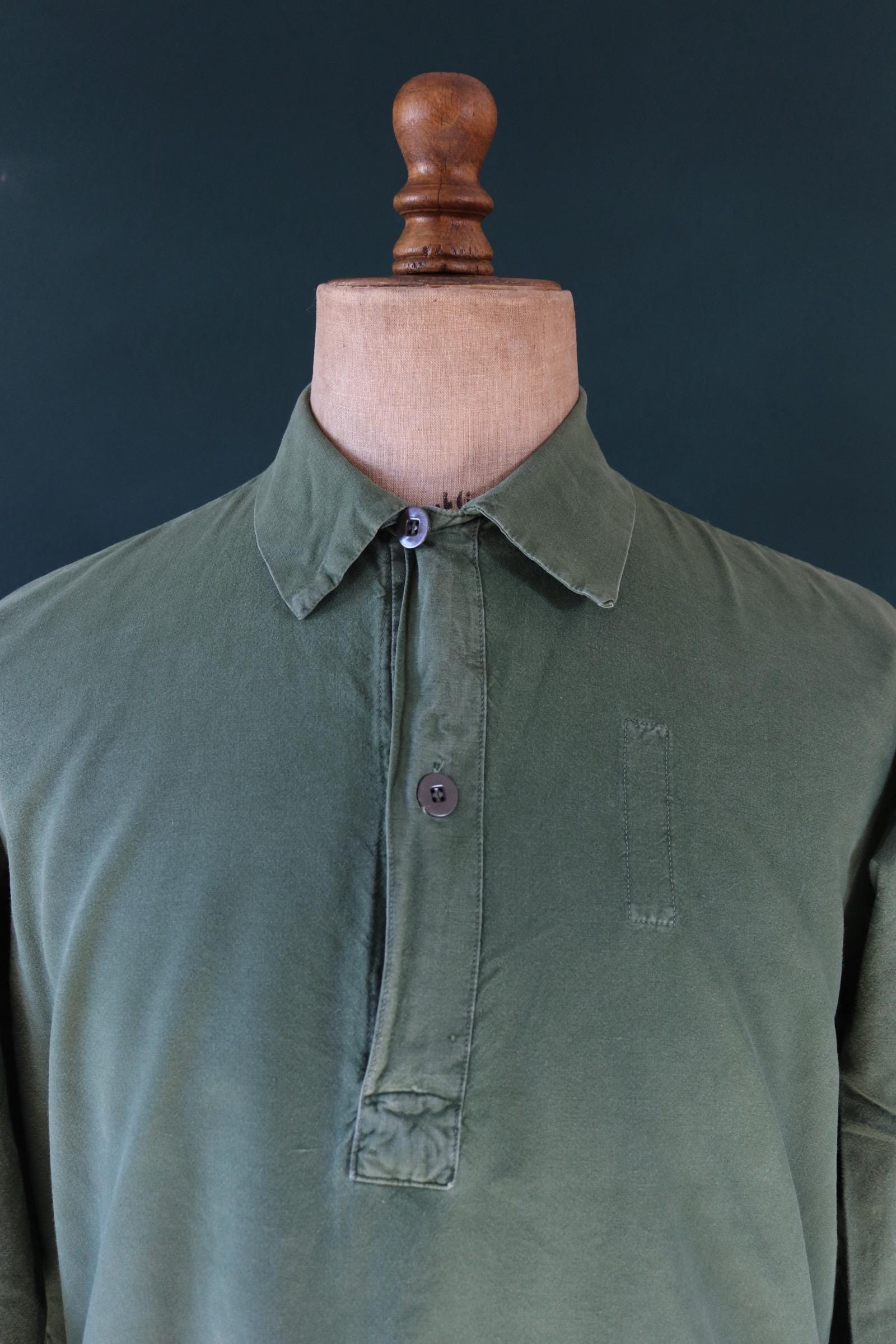 Vintage 1970s Swedish army shirt - M59 - military workwear - fältskjorta - green cotton smock - 48” chest