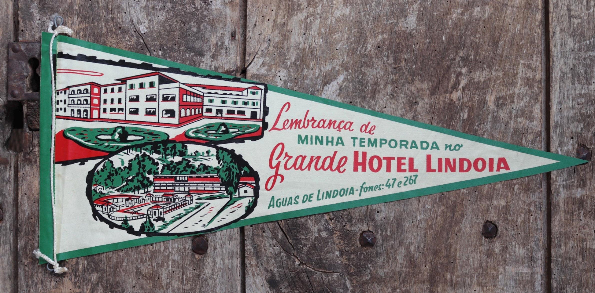 Vintage 1950s home decor Brazilian Santos satin mid century tourist souvenir pennant screen printed print