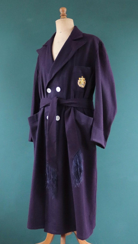 Vintage 1950s 50s 1960s 60s USN US naval navy blue academy wool blend dressing gown robe tassel belted smoking jacket 52” chest