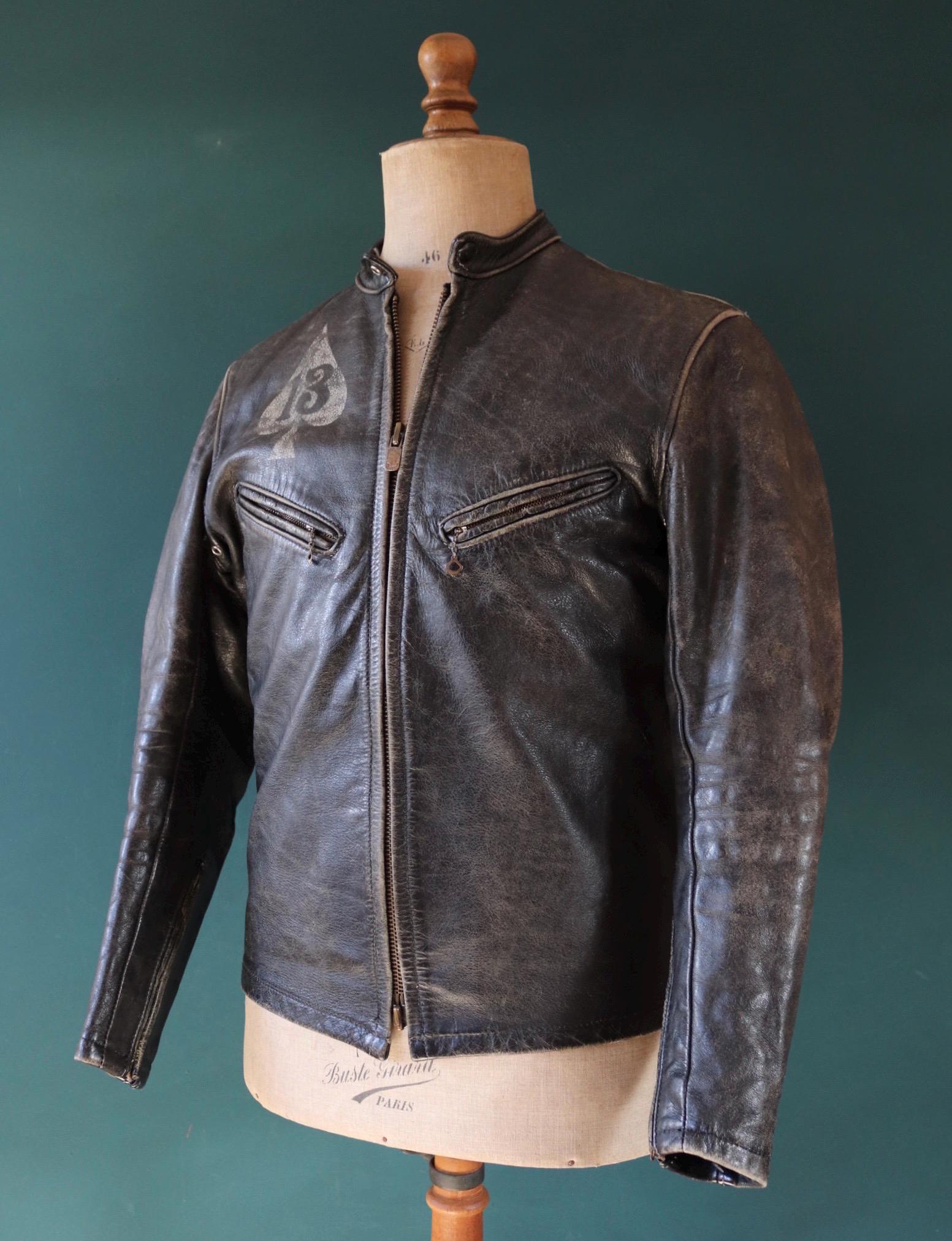 Vintage 1960s 60s leather jacket cafe racer Bates California black 40” chest motorcycle biker original hand painted lucky 13 ace Conmar