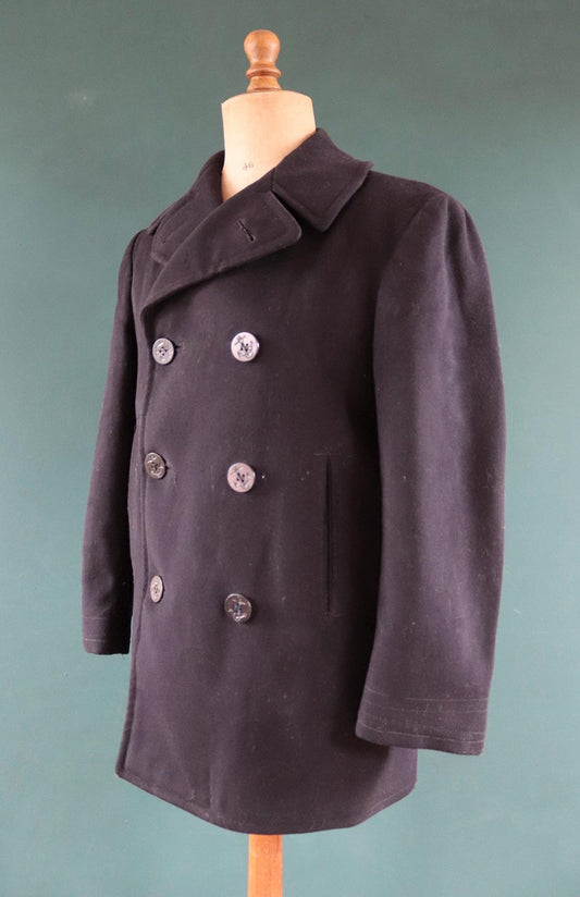 Vintage 1940s 40s WW2 midnight blue USN US navy naval wool pea deck coat jacket 41" chest military double breasted reefer