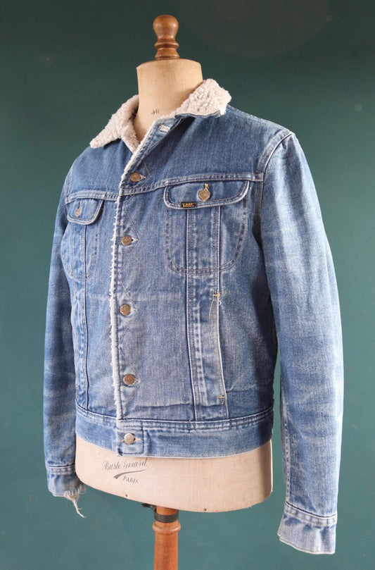 Vintage 1980s 80s Lee Storm Rider denim ranch jacket sherpa lined 44" chest workwear trucker faded