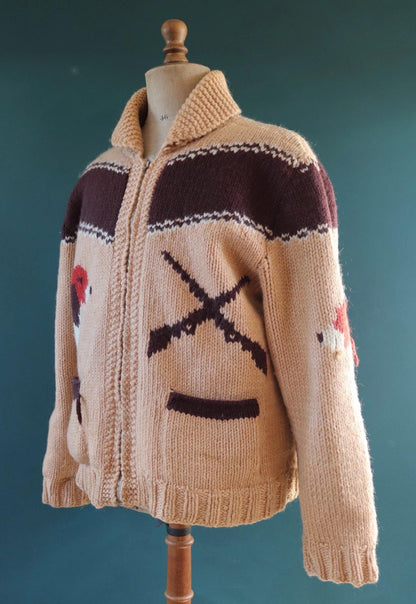 Vintage 1950 50s 1960s 60s chunky knitted wool cowichan sweater cardigan jumper hand made knit shawl collar 48” chest beagle dog hunting