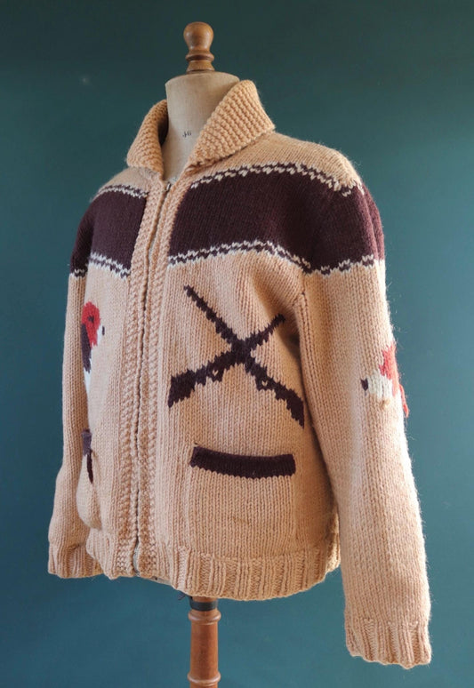 Vintage 1950 50s 1960s 60s chunky knitted wool cowichan sweater cardigan jumper hand made knit shawl collar 48” chest beagle dog hunting