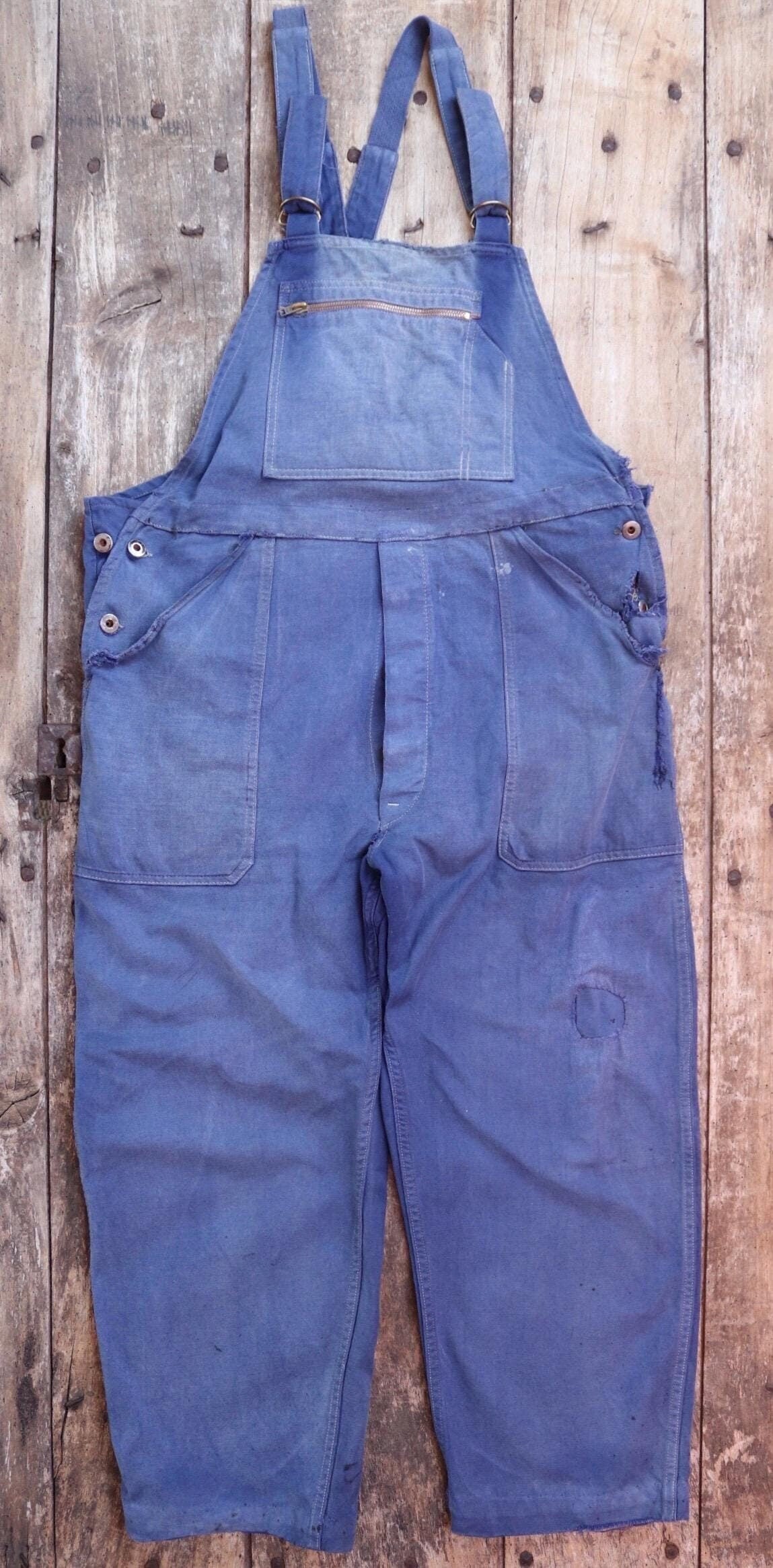 Vintage French workwear overalls dungarees Le Mont St Michel 1950s sun faded blue cotton twill work chore 42” x 26” darned repaired