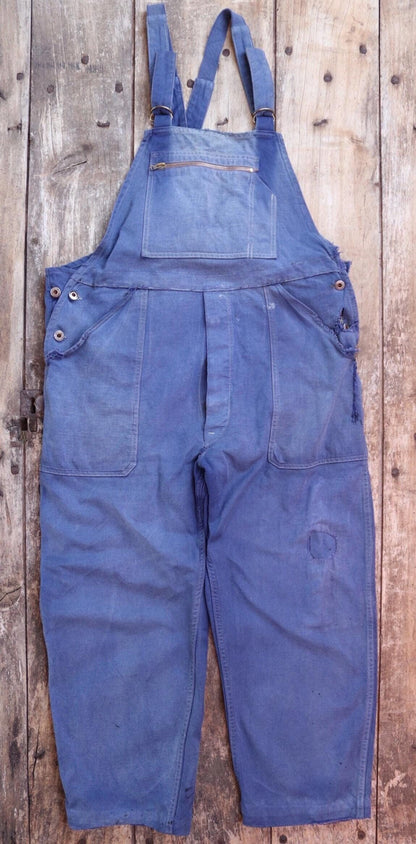 Vintage French workwear overalls dungarees Le Mont St Michel 1950s sun faded blue cotton twill work chore 42” x 26” darned repaired