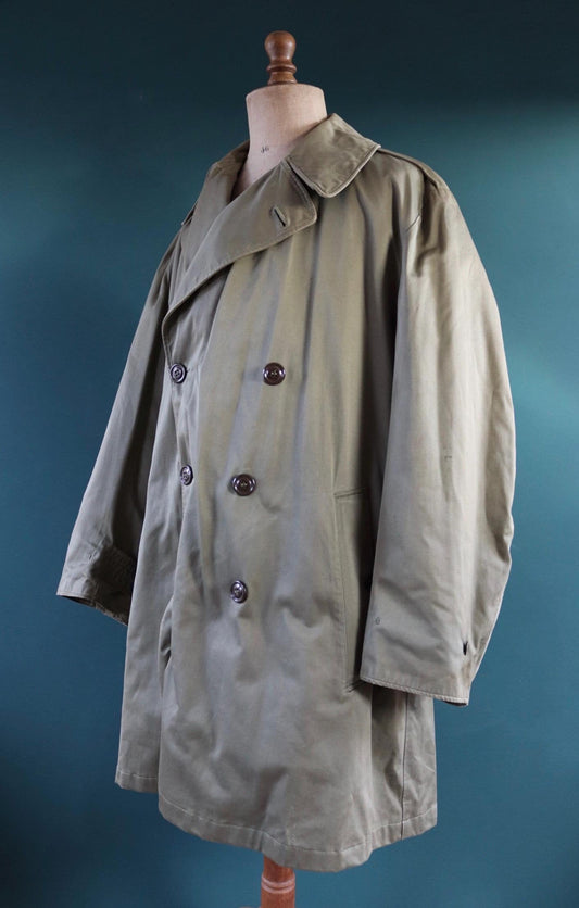 Vintage 1940s 40s post WW2 khaki green military US army field overcoat rain coat double breasted trench waterproof 50" 56” chest
