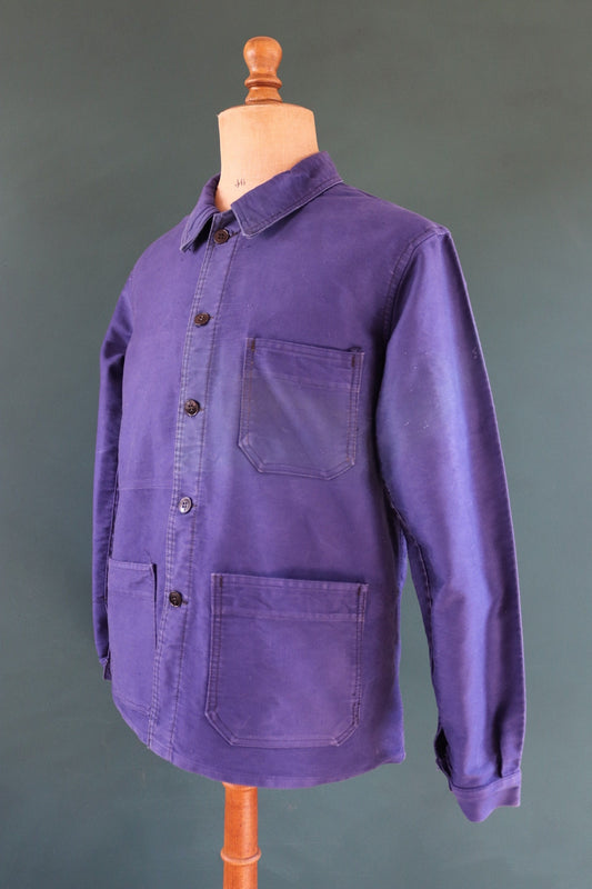 Vintage French blue chore jacket 1950s workwear Le Diable Rouge moleskin work faded 44” chest bleu de travail