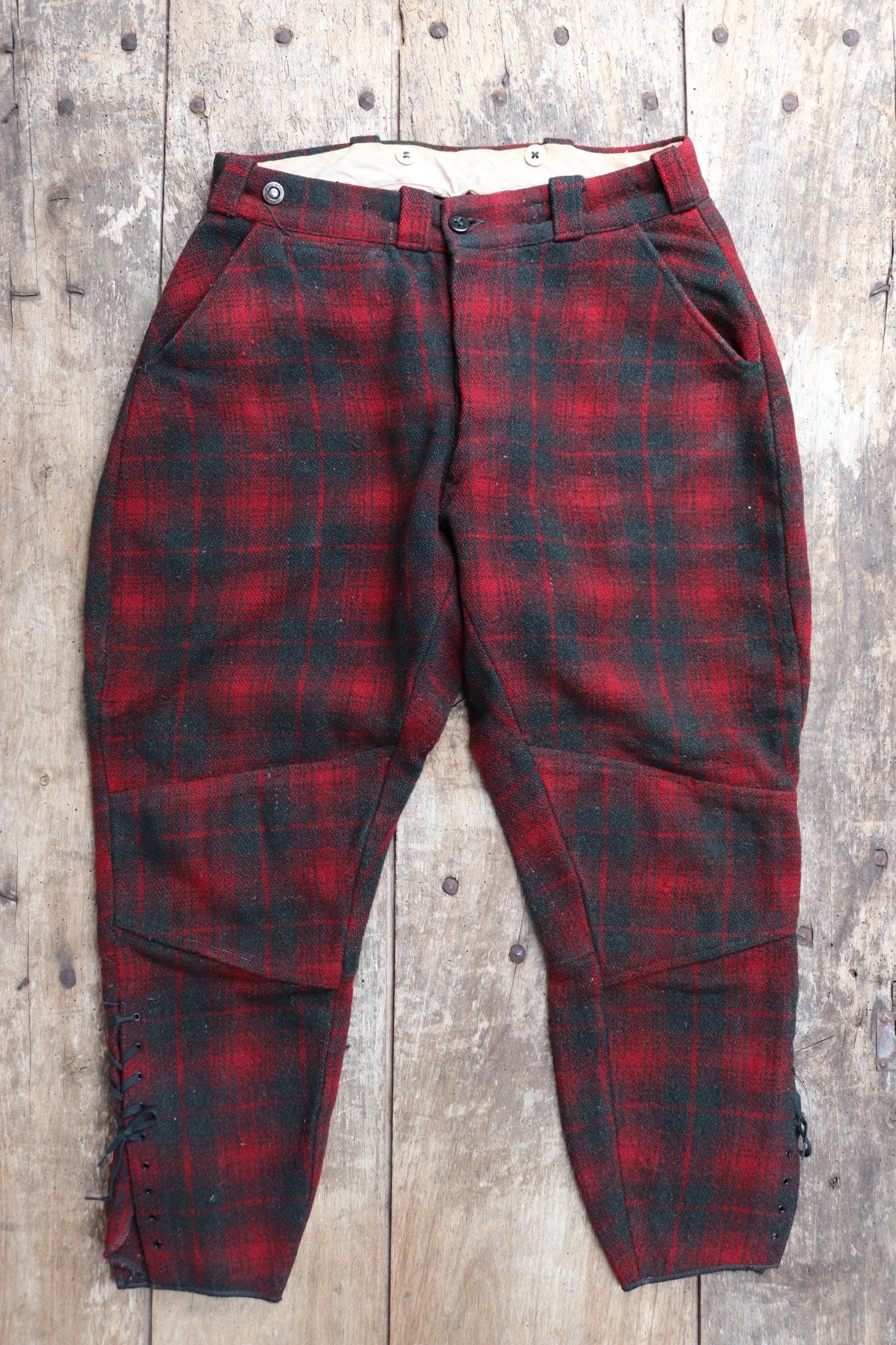 Vintage 1930s 30s 1940s 40s red black checked plaid wool hunting trousers breeches jodhpurs suspender buttons 31" x 26"