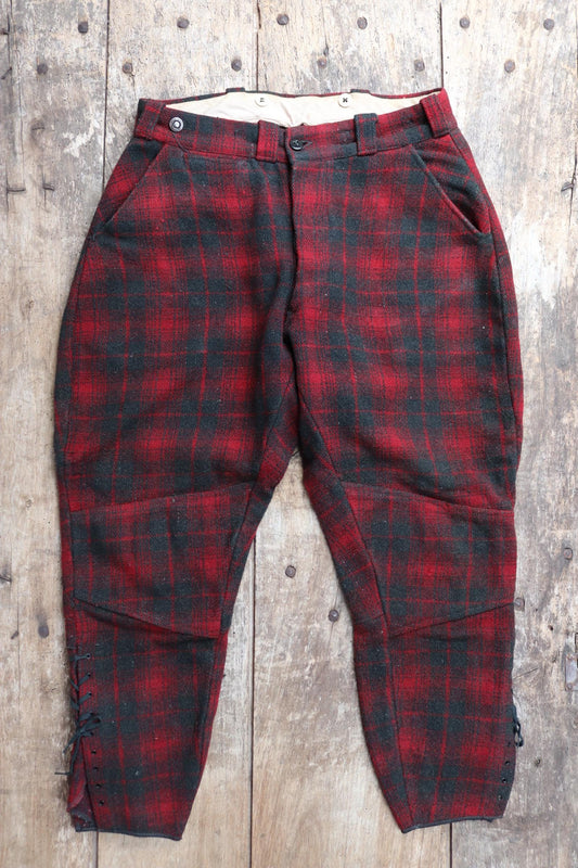 Vintage 1930s 30s 1940s 40s red black checked plaid wool hunting trousers breeches jodhpurs suspender buttons 31" x 26"