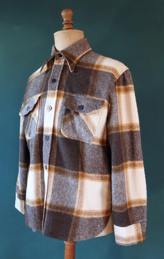 Vintage 1970s 70s his plaid checked cream brown camp shirt hiking camping CPO thick wool 48” chest logger workwear