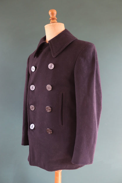 Vintage 1940s 40s WW2 midnight blue USN US navy naval wool pea deck coat jacket 39" chest military double breasted reefer