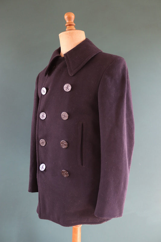 Vintage 1940s 40s WW2 midnight blue USN US navy naval wool pea deck coat jacket 39" chest military double breasted reefer