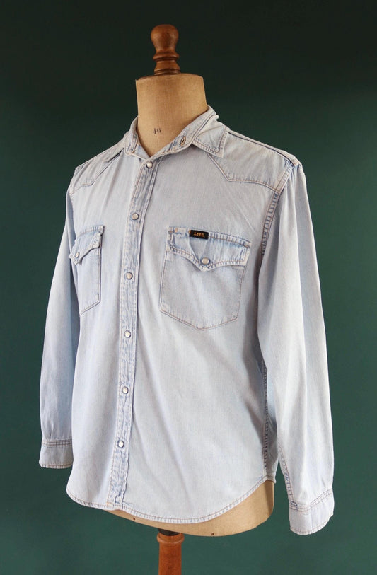 Vintage Lee pale blue chambray denim shirt cowboy western 42" chest pearl snap
