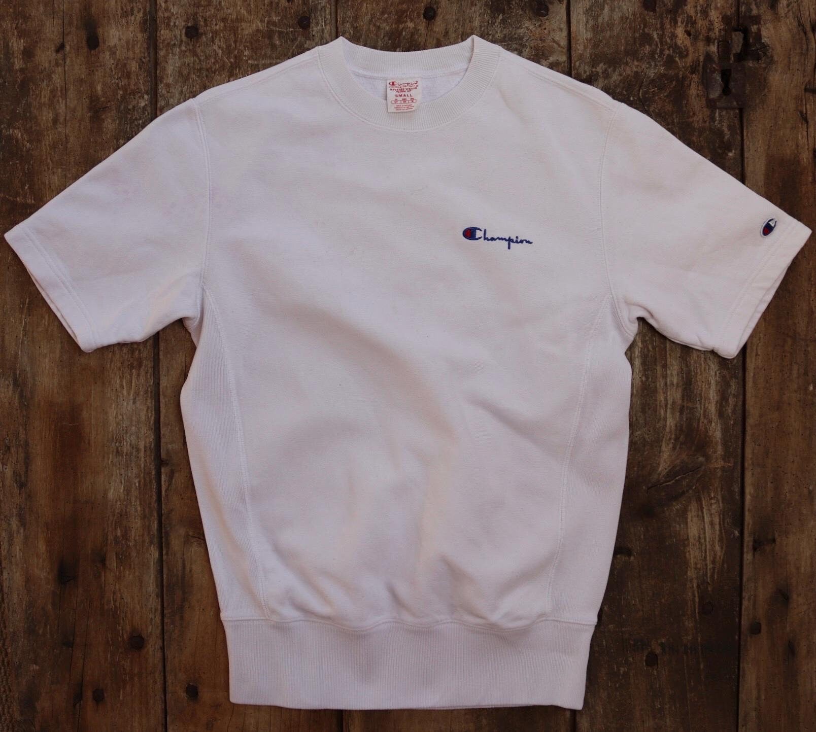 Vintage 1990s 90s Champion white plain short sleeve warm up sweatshirt 39" chest sports sportswear reverse weave