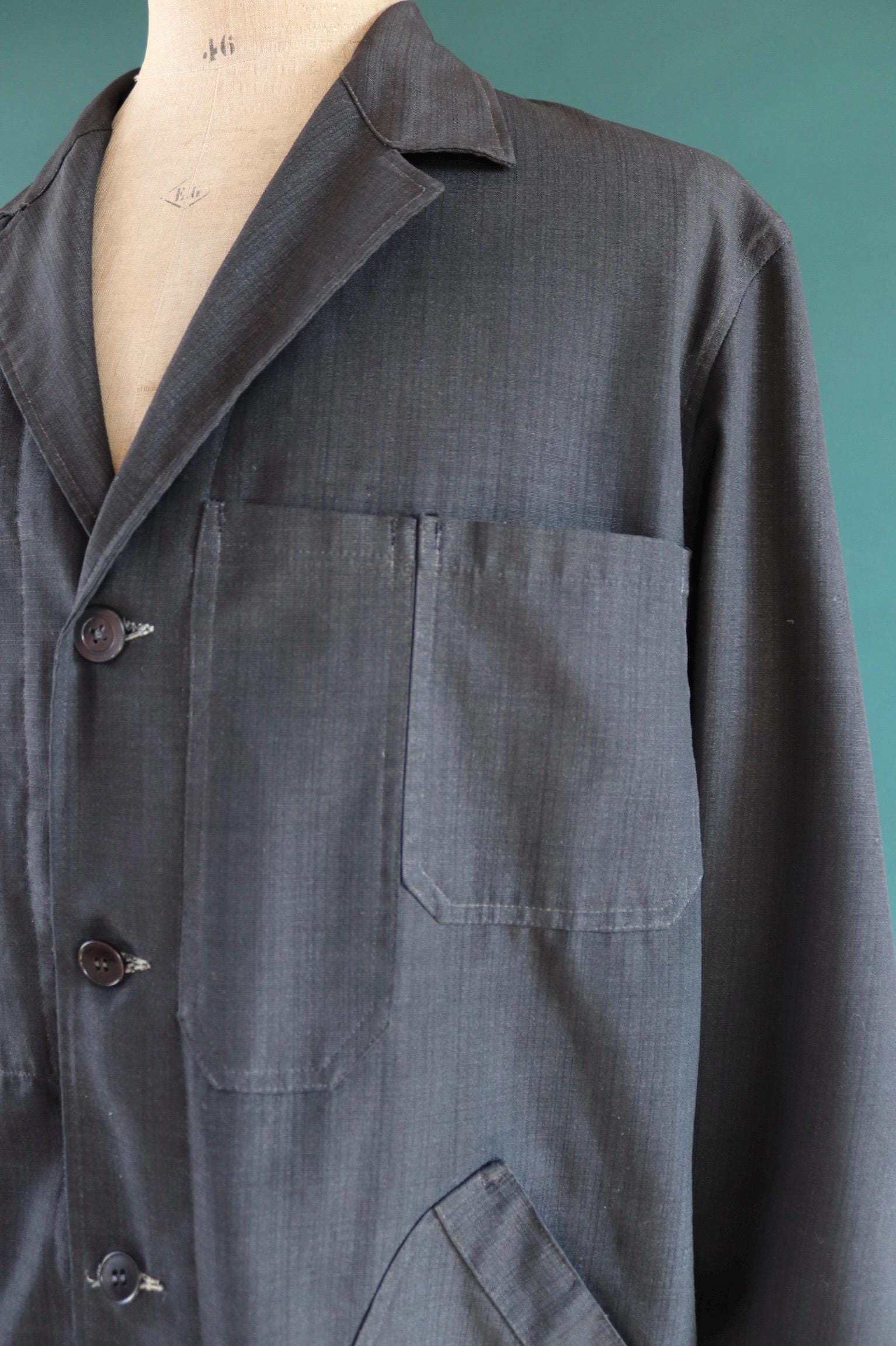 Vintage French workwear duster jacket 1950s 1960s Vetra black work chore coat maquignon machinist 50” chest
