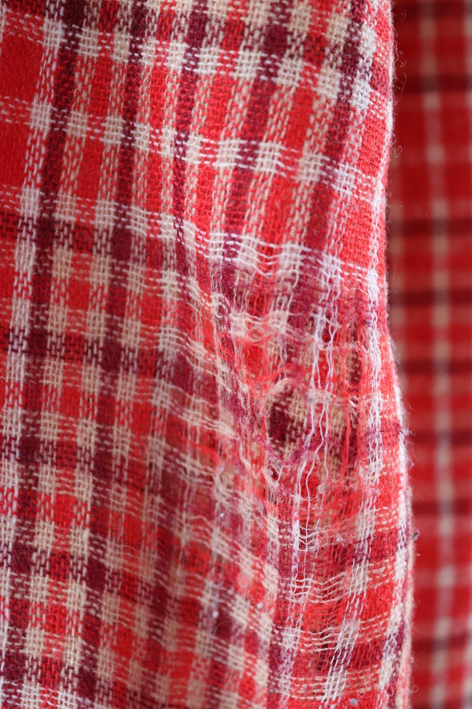 Vintage 1960s wool shirt red burgundy plaid 1970s 49” chest loop collar