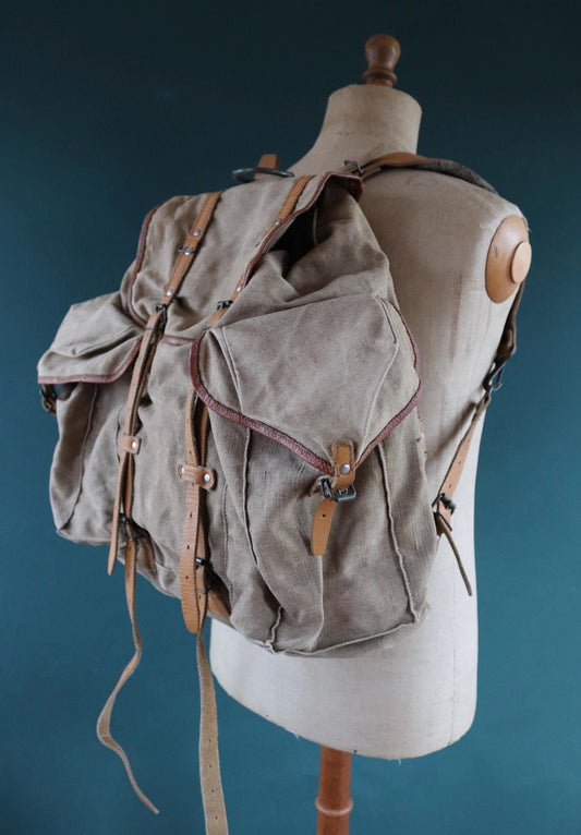 Vintage 1950s 50s French army military Lafuma khaki green rucksack backpack leather cotton canvas camping gear hiking metal frame
