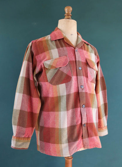 Vintage Penneys Towncraft wool shirt plaid 1960s 1970s pink green brown check 45” chest loop collar